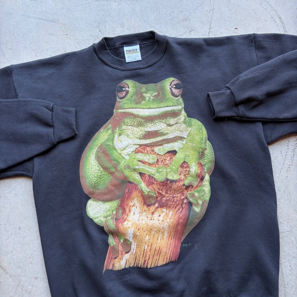 Vintage 90s Tultex Tree Frog Graphic Sweatshirt Black XL Nature Animal Print